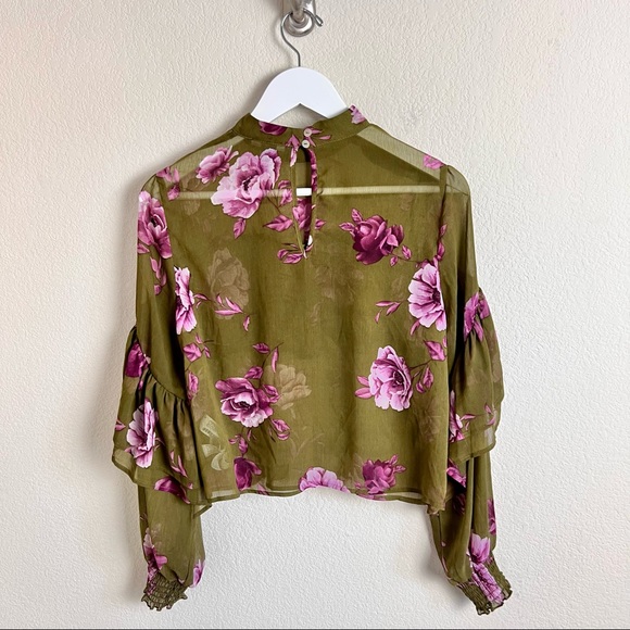 Olive Green & Fuchsia Floral Long Sleeve Ruffle Ruched Layered Blouse - Picture 5 of 13